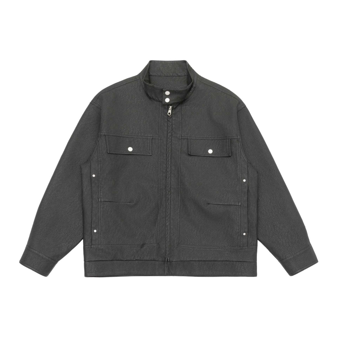 Unisex Boxy-Kunstleder-Blousonjacke mit Stehkragen und aufgesetzten Pattentaschen Echoarchiv