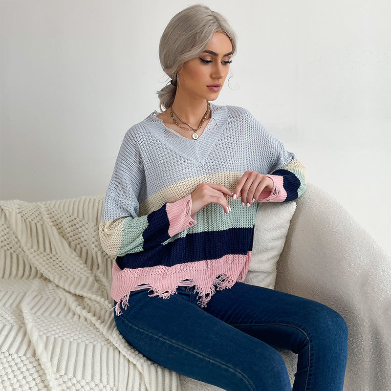 Damen Oversize V-Ausschnitt Strickpullover mit Streifendessin und ausgefranstem Saum Echoarchiv