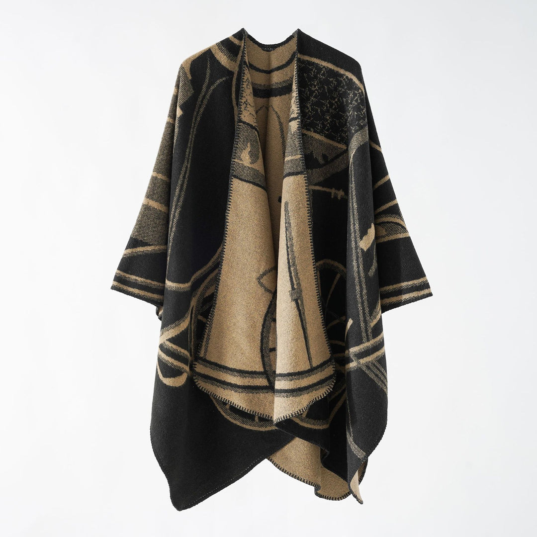 Damen Wollmix-Reversible Cape mit grafischem Jacquard und offenem Kimonofall – Montévia