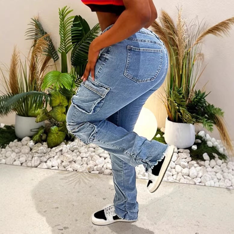 Damen Cargo-Denim-Jeans mit hoher Taille, Slim‑Fit-Hüfte und aufgesetzten Utility-Taschen Echo Archiv