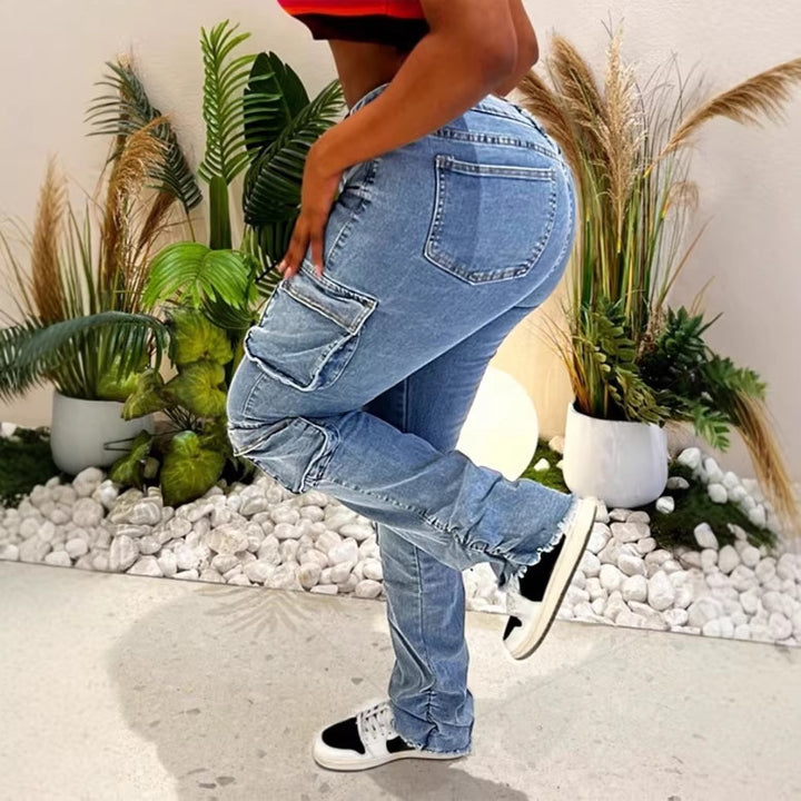Damen Cargo-Denim-Jeans mit hoher Taille, Slim‑Fit-Hüfte und aufgesetzten Utility-Taschen Echo Archiv