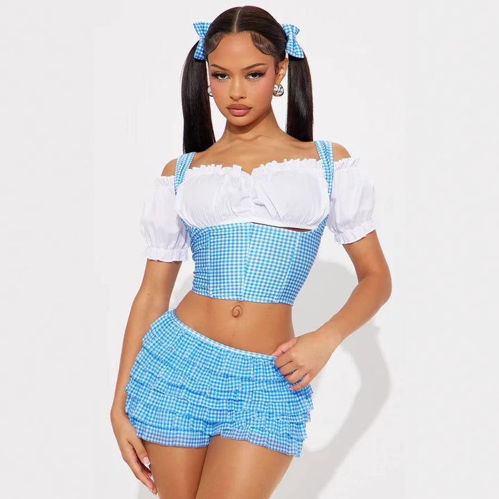 Damen Vokuhila-Top mit Puffärmeln und Rüschendetails Echo Archiv