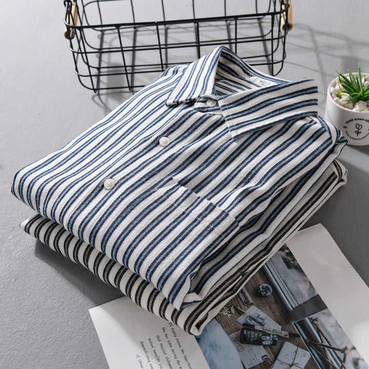 Herren Gestreiftes Baumwoll-Overshirt mit aufgesetzter Brusttasche und softem Crinkle-Finish Echoarchiv