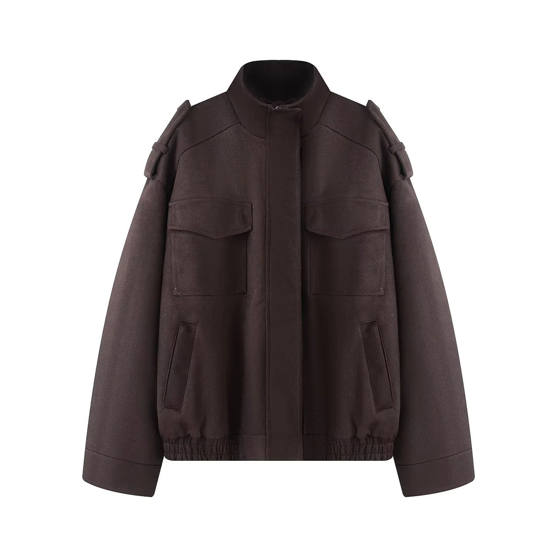 Damen kastiger Wollmix-Bomber mit Schulterklappen, Pattentaschen und elastischem Saum – Avenza