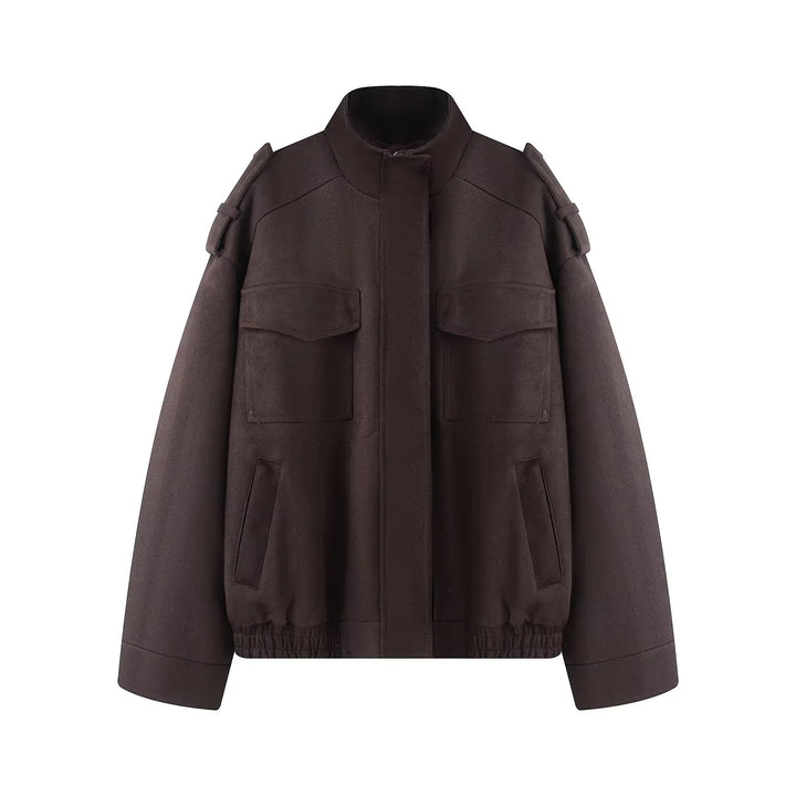 Damen kastiger Wollmix-Bomber mit Schulterklappen, Pattentaschen und elastischem Saum – Avenza