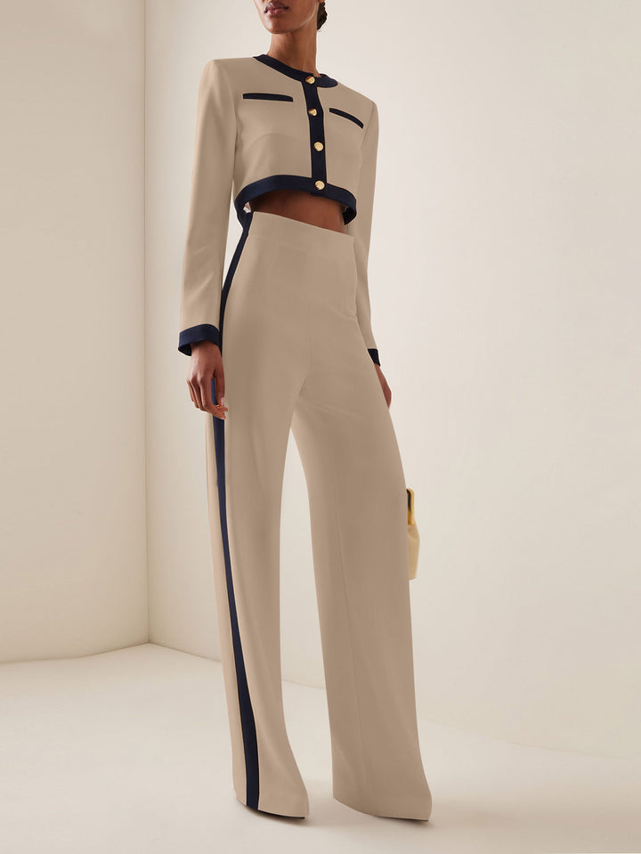 Damen Kurzgeschnittenes Cropped-Tailoring-Set mit Kontrastpaspel und High‑Waist Palazzo-Hose – Avélisse