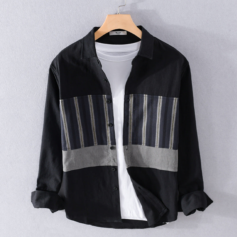 Herren Leichtes Baumwoll-Overshirt mit eingewebten Streifenpanelen und Kentkragen Echoarchiv