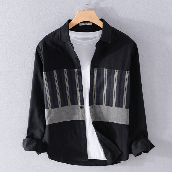 Herren Leichtes Baumwoll-Overshirt mit eingewebten Streifenpanelen und Kentkragen Echoarchiv