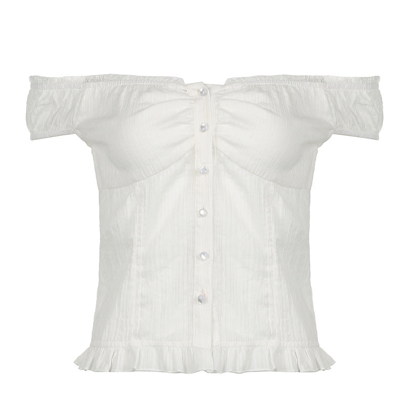 Damen Off-Shoulder Bluse mit Rüschensaum und Knopfdetails Echo Archiv