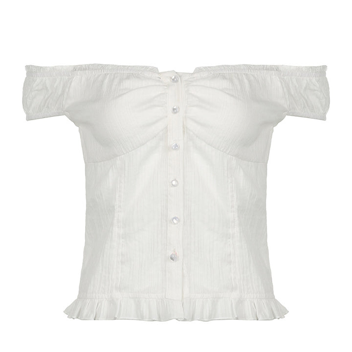 Damen Off-Shoulder Bluse mit Rüschensaum und Knopfdetails Echo Archiv