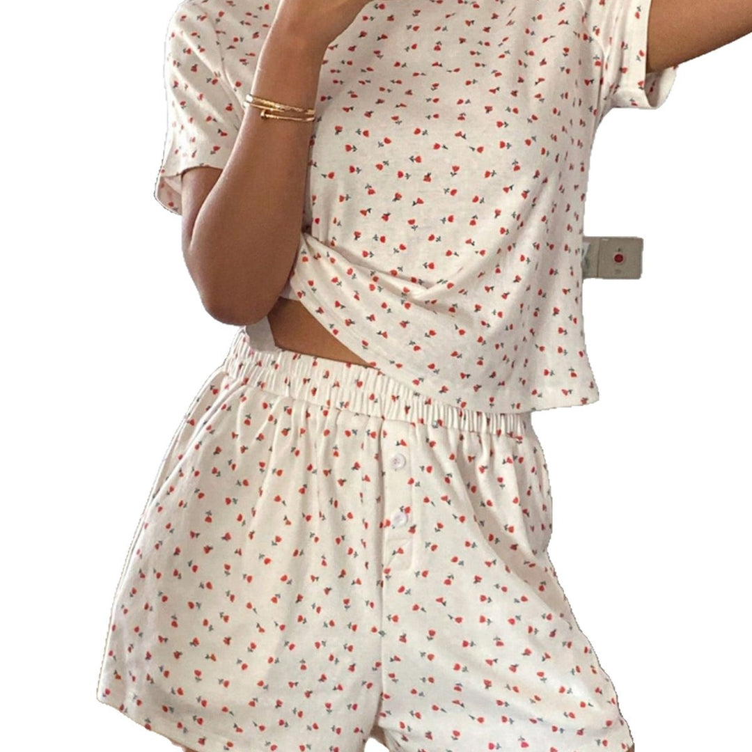 Damen lässiges Schlafanzugset aus atmungsaktivem Baumwollstoff mit zartem Blumendruck Echo Archiv