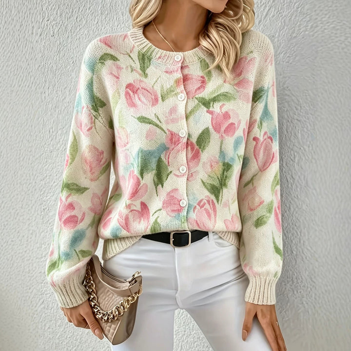 Damen Leichter Jacquard‑Strickcardigan mit Leo‑Print, Rundhalsausschnitt und Knopfleiste – Veloura