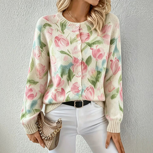 Damen Leichter Jacquard‑Strickcardigan mit Leo‑Print, Rundhalsausschnitt und Knopfleiste – Veloura