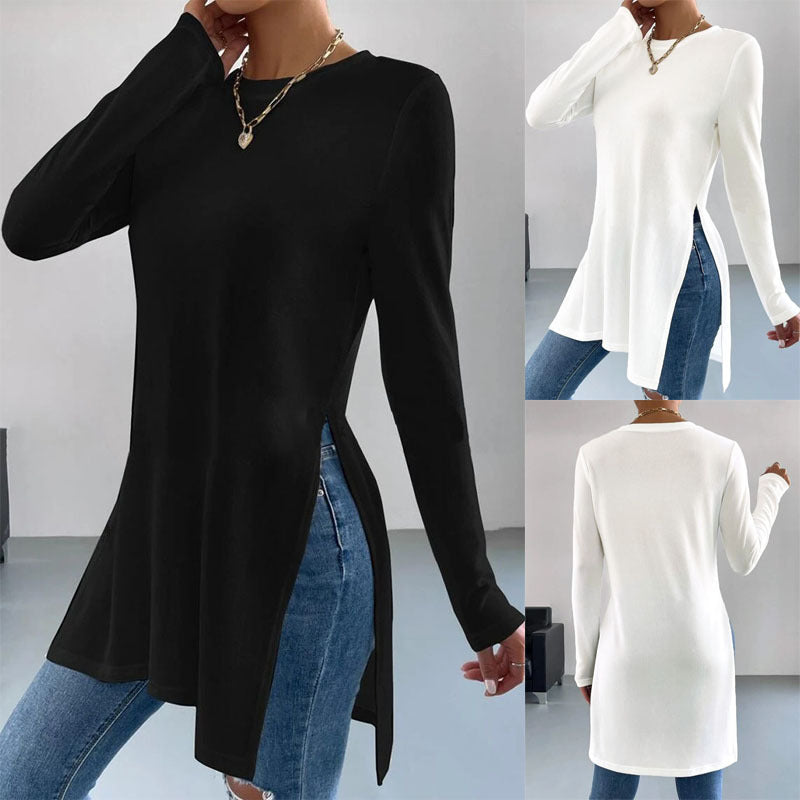 Damen Langes Feinstrick-Tunika-Shirt mit Seitenschlitzen und gerundetem Saum – Mavelle