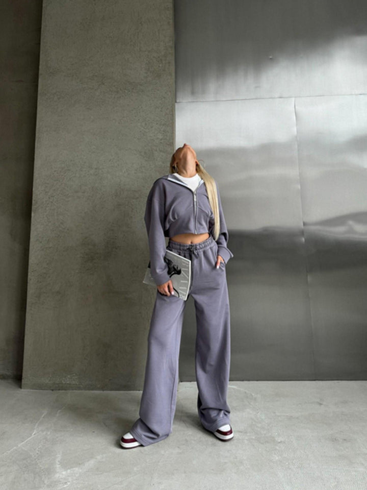 Damen nan zweiteiliges Cropped Hoodie-Set mit weitem Bundhose-Schnitt und tailliertem Reißverschluss Echo Archiv