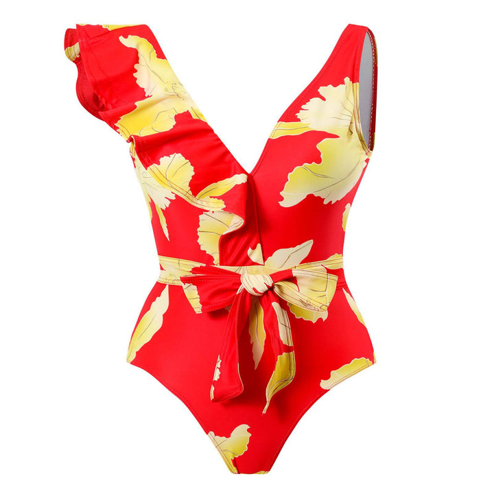 Damen Eleganter Einteiler Badeanzug mit floralen Rüschendetails Echo Archiv