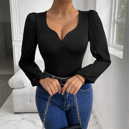 Damen Figurbetonter Body mit Herzausschnitt, Puffärmeln und transparenten Chiffon‑Ärmeln Echoarchiv