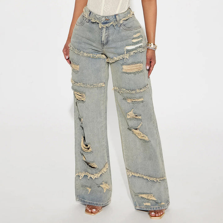 Damen Hochtaillierte Oversize-Jeans mit weitem Bein und ausgefransten Rissen Echo Archiv