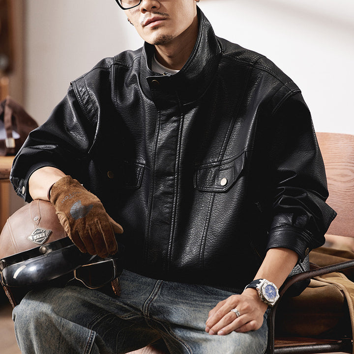 Herren Oversized Kunstlederjacke im Worker-Look mit Pattentaschen Echoarchiv