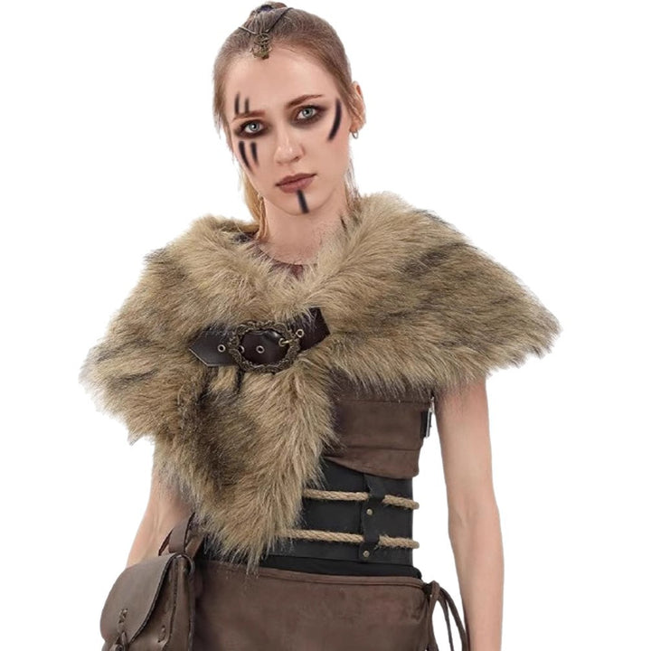 Damen Wikingerin inspiriertes Fantasy‑Kostüm mit Kunstpelz‑Schultercape, Taillengürtel und Ledertasche Echo Archiv