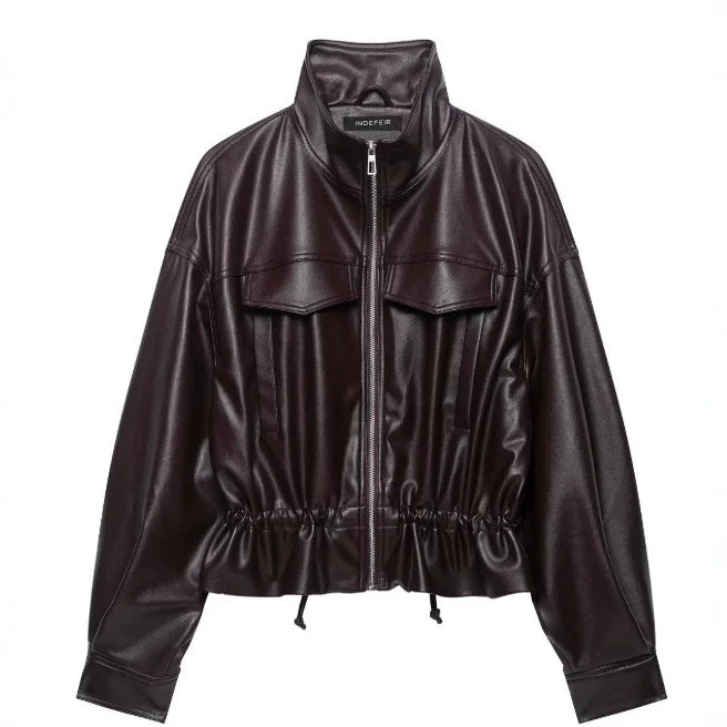 Damen Cropped Kunstleder‑Blouson mit Stehkragen, Pattentaschen und Tunnelzugtaillierung Echo Archiv