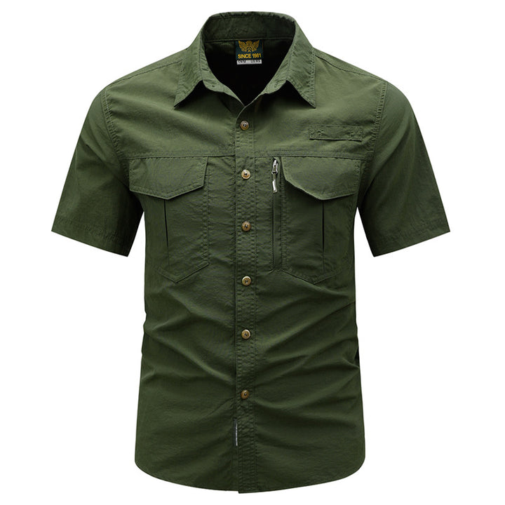 Men's tactical short sleeve button shirt with dual flap chest pockets and discreet zip utility pocket – Arvello