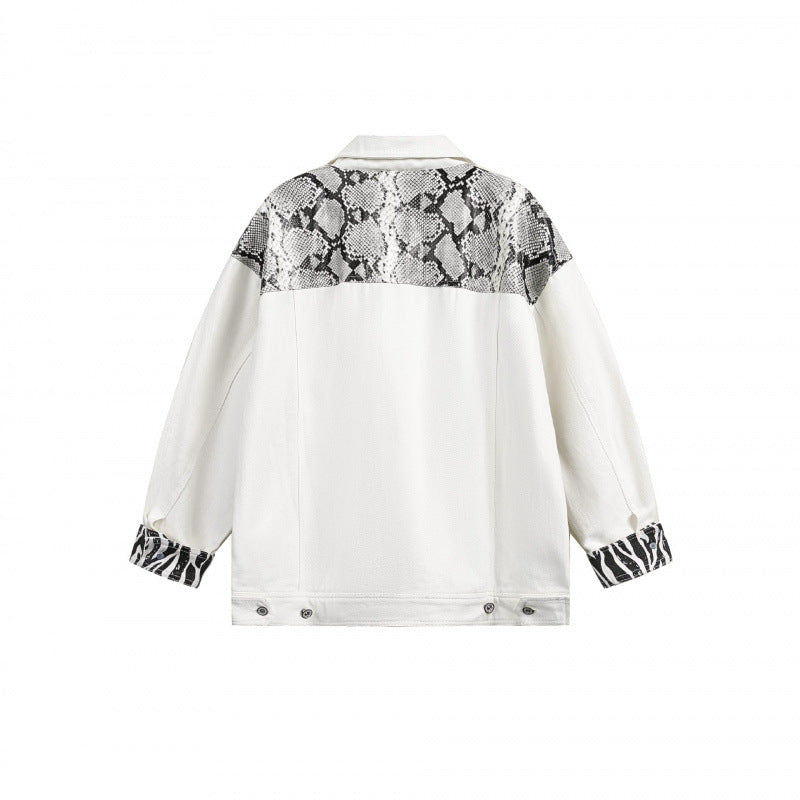 Damen Oversize-Jeansjacke im Patchwork-Tierprint mit Reverskragen und Pattentaschen Echo Archiv