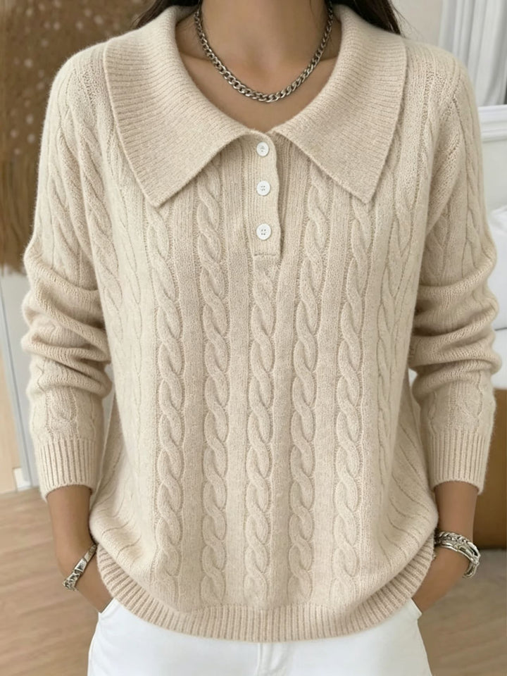 Damen Kabelstrick-Polo-Pullover mit großem Umlegekragen und lockerer Silhouette – Mavelle