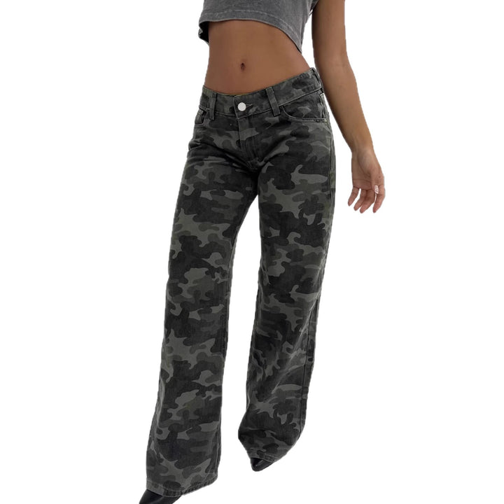 Damen Camouflage-Denim Schlaghose mit hoher Taille und weitem Bein – Avélisse