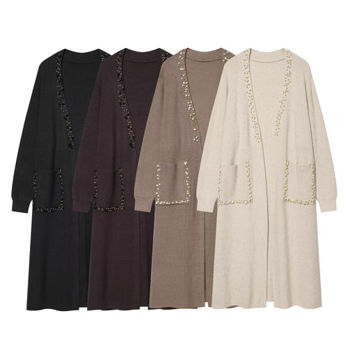 Damen langer Strickcardigan mit Perlenbesatz und aufgesetzten Taschen Echo Archiv
