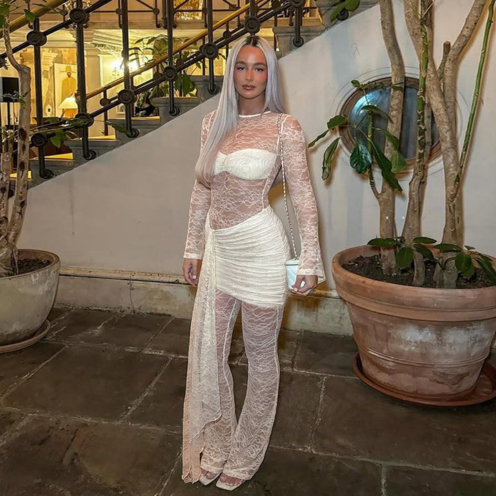 Damen Eleganter Overall aus Spitze mit langen Ärmeln Echo Archiv