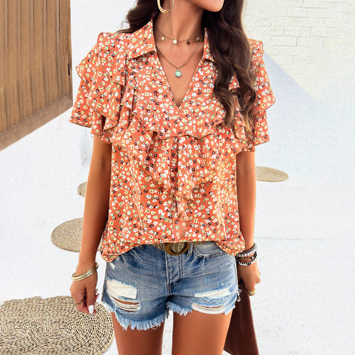 Damen Bluse mit voluminösen Rüschen und floralen Mustern Echo Archiv