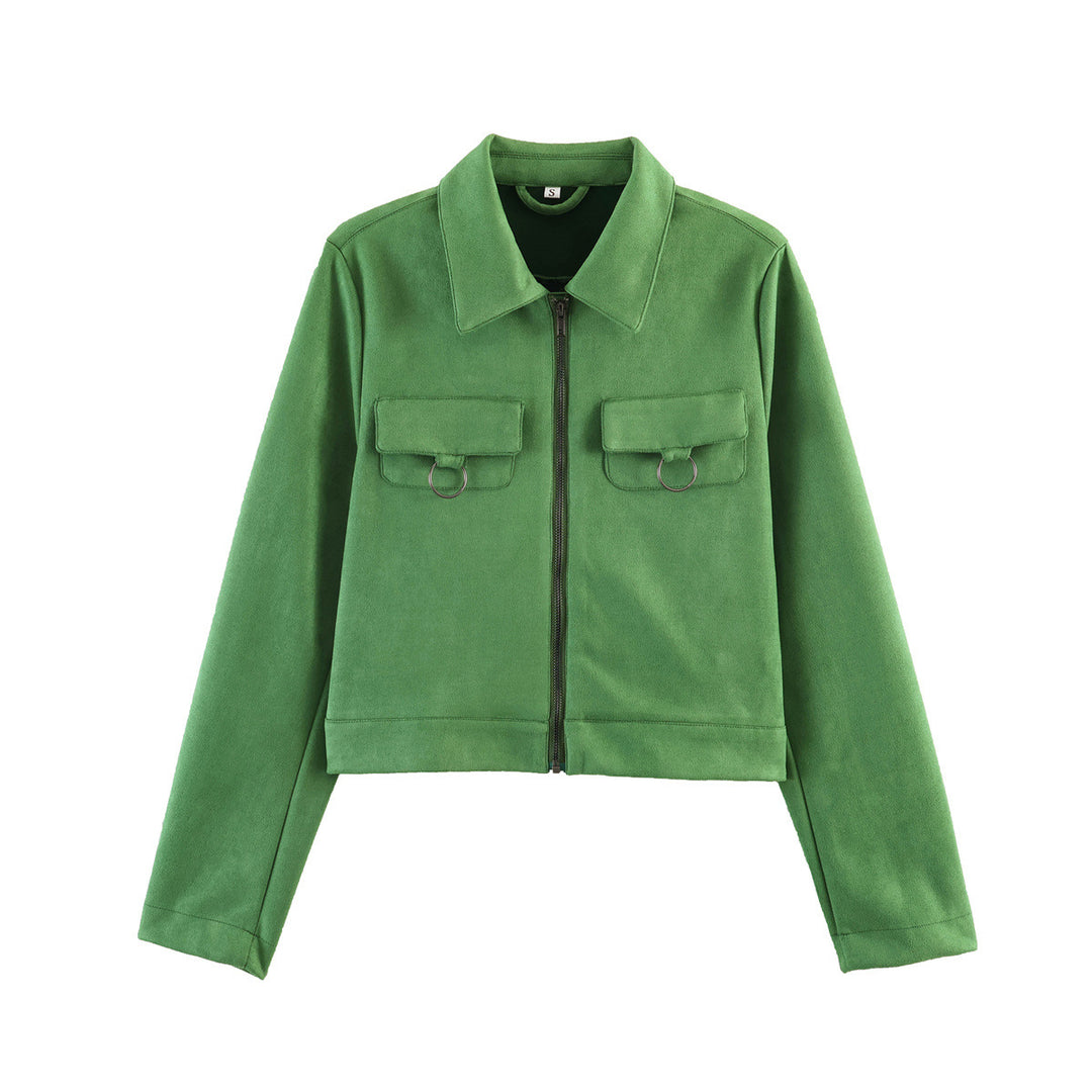 Damen Kurzjacke im Utility-Stil aus Veloursleder-Optik mit Brusttaschen und Metallringen Echo Archiv