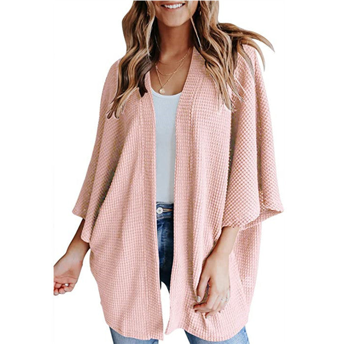 Damen Waffelstrick Offener Kimono-Cardigan mit Fledermausärmeln Echo Archiv