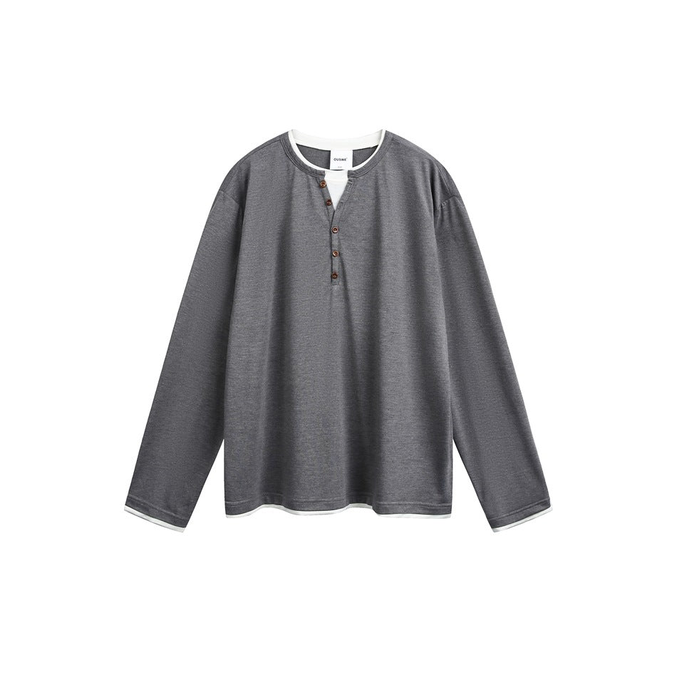 Unisex Baumwollmix-Henleyshirt mit doppellagigem Kragen und Holzknopfleiste Echoarchiv