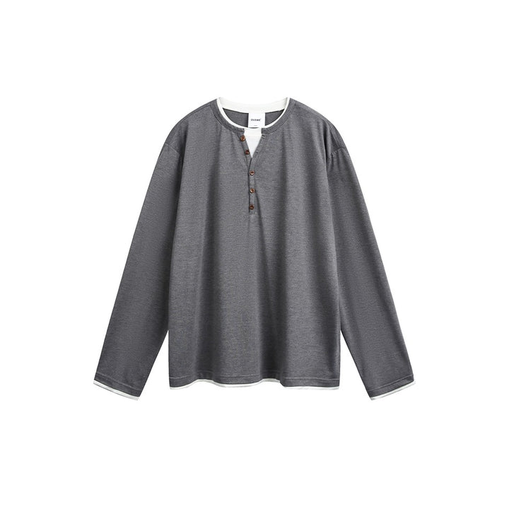 Unisex Baumwollmix-Henleyshirt mit doppellagigem Kragen und Holzknopfleiste Echoarchiv