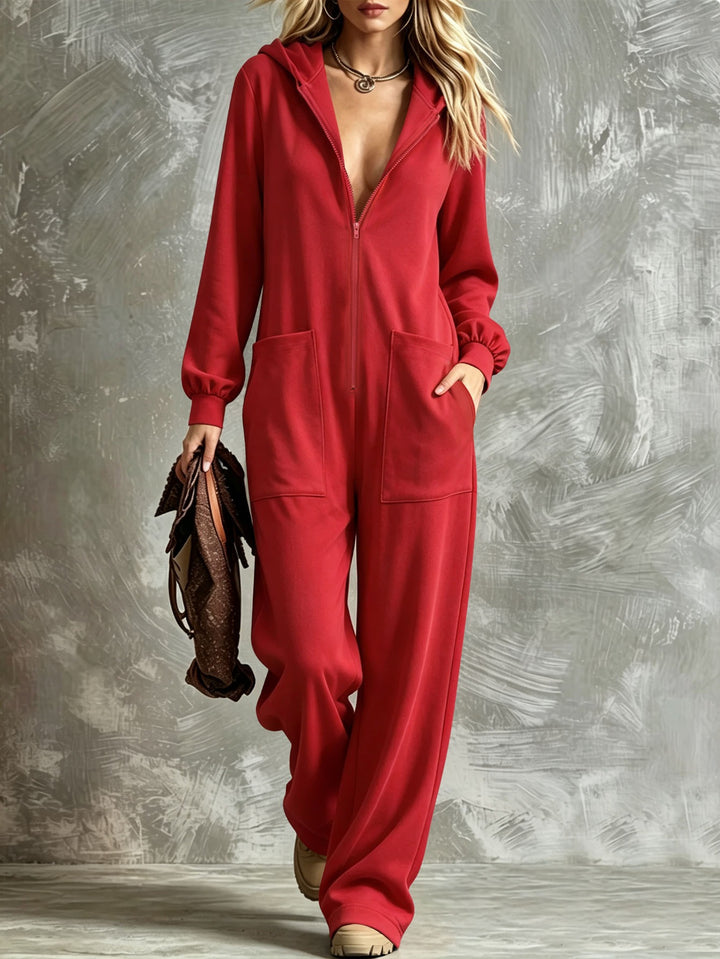 Damen Kapuzen-Jumpsuit mit durchgehendem Reißverschluss und aufgesetzten Taschen Echoarchiv