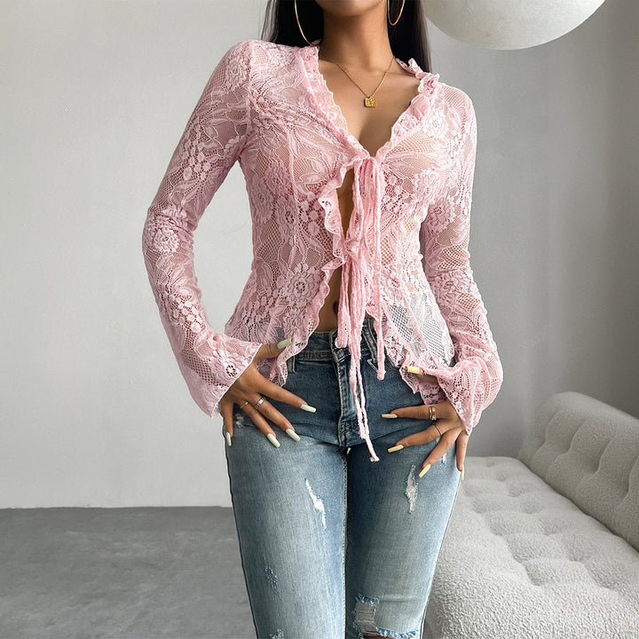 Damen Spitzenbluse mit Rüschendetails und tailliertem Schnitt Echo Archiv