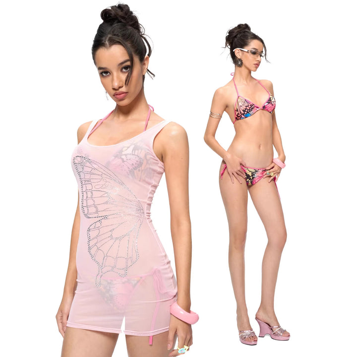 Damen Figurformendes Minikleid mit Schmetterlingsmotiv und Glitzersteinen Echo Archiv