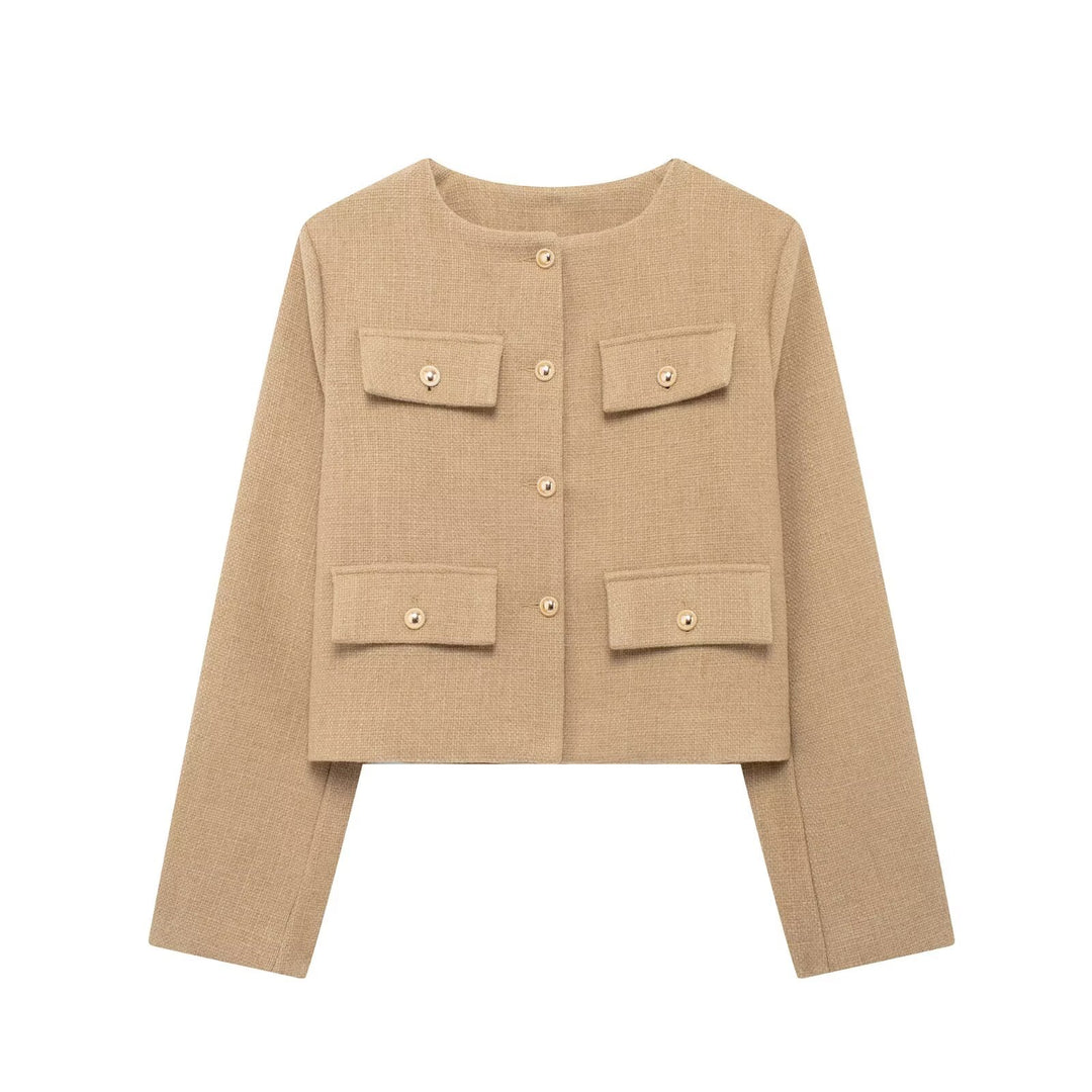 Damen Bouclé-Cropped-Jacke mit vier Pattentaschen und goldenen Schmuckknöpfen Echo Archiv