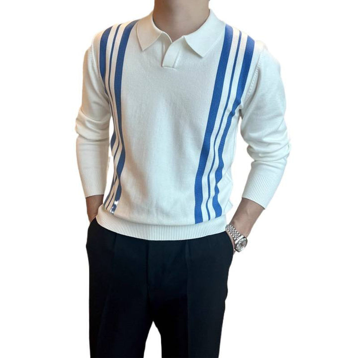 Herren Polokragen-Strickpullover mit markanten Längsstreifen und schmaler Passform Echoarchiv