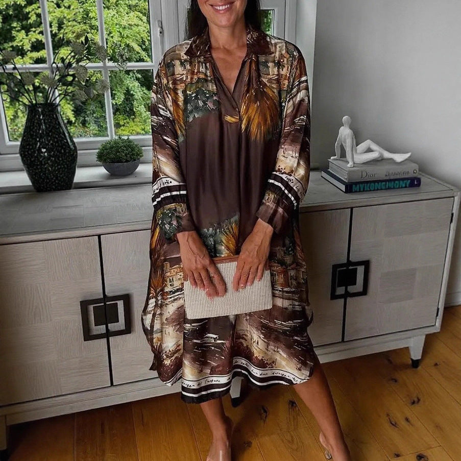 Damen nan Seidenoptik-Hemdkleid im Kaftanstil mit illustrativem Küstenprint Echo Archiv