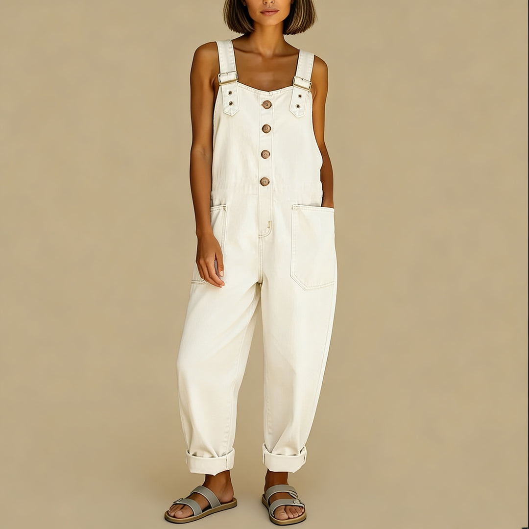 Damen Weite Denim-Latzhose mit Knopfleiste, verstellbaren Trägern und aufgesetzten Taschen Echoarchiv