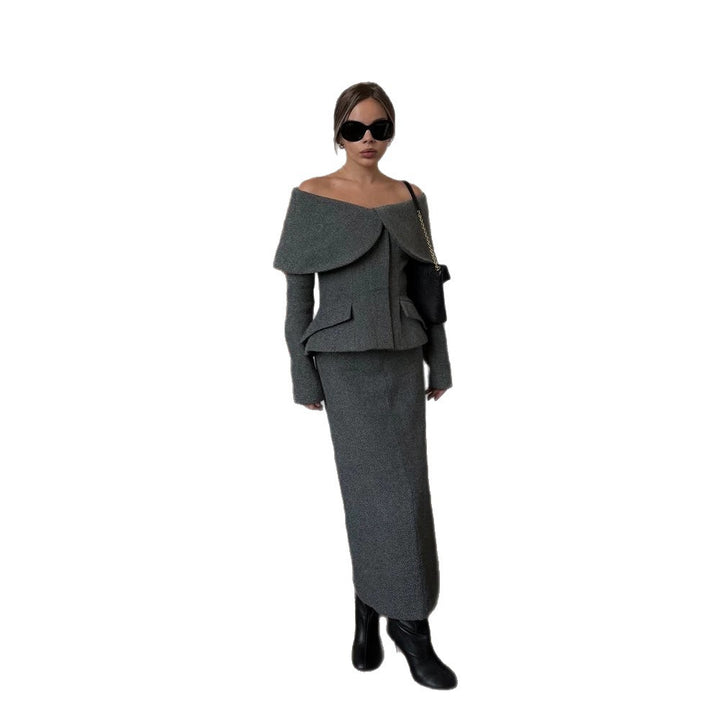 Damen Elegantes Bouclé-Set mit schulterfreiem Jackett und tailliertem Bleistiftrock Echoarchiv