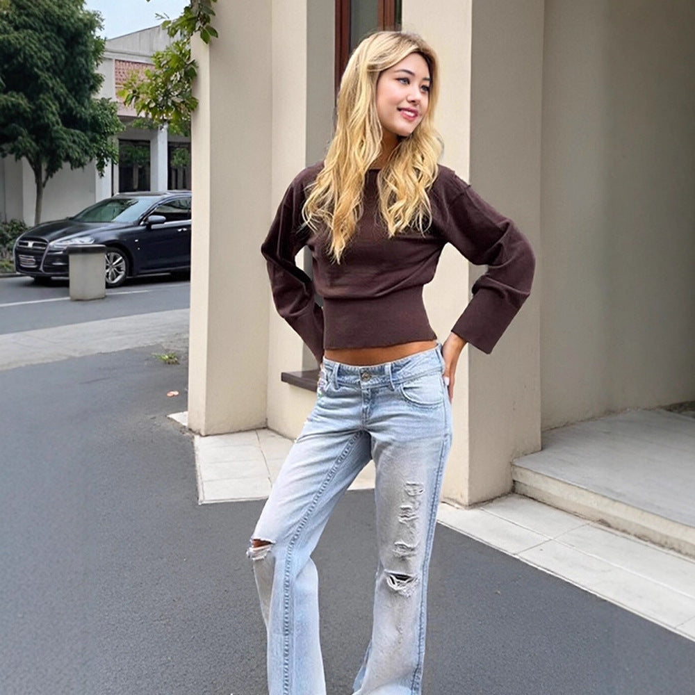 Damen Cropped Feinstrick-Pullover mit weiten Manschettenärmeln und tailliertem Rippbund Echoarchiv