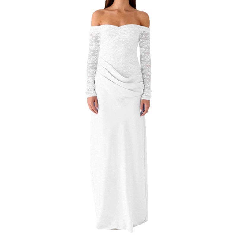 Damen Elegantes Hochzeitskleid mit schulterfreiem Ausschnitt und Spitzenärmeln Echo Archiv