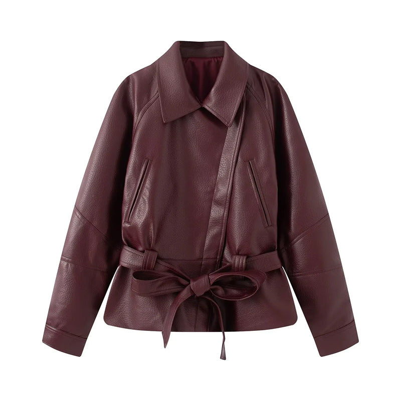 Damen nan taillierte Kunstlederjacke mit Hemdkragen und Bindegürtel Echo Archiv