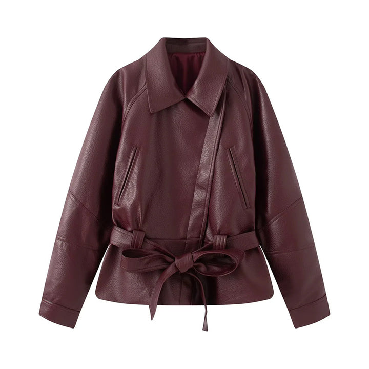 Damen nan taillierte Kunstlederjacke mit Hemdkragen und Bindegürtel Echo Archiv