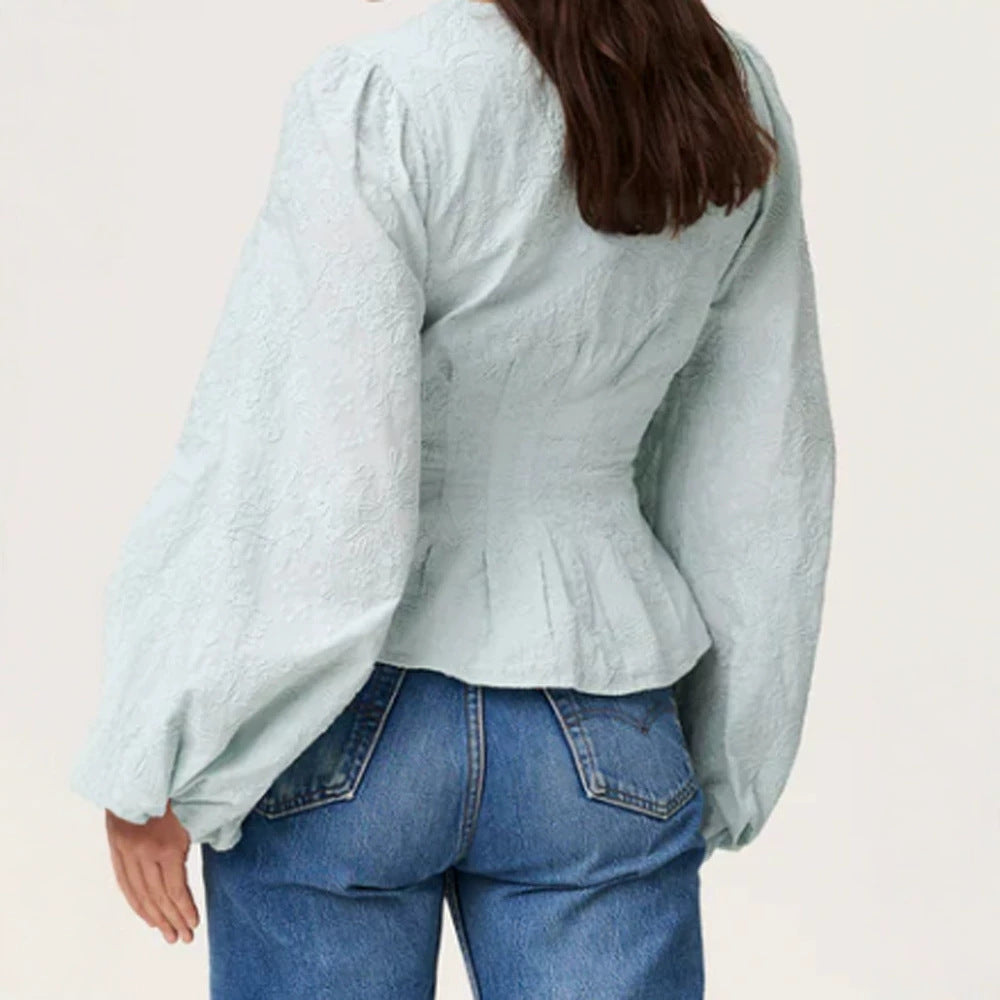 Damen Jacquard-Spitzenbluse mit tailliertem Schößchen und Ballonärmeln Echoarchiv