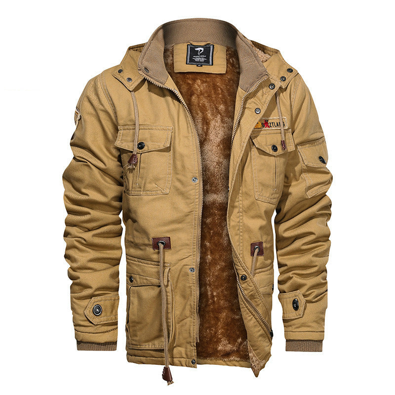 Herren Militärinspirierte Canvas-Fieldjacke mit Kapuze, Kordzug‑Taille und Fleece‑Innenfutter Echoarchiv